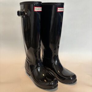 Hunter Womens black outdoor Original Casual Tall Gloss Rain Boots Pull On Size 7